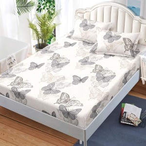 Cearșaf cu Elastic, Bumbac Satinat, 180x200 cm + 2 Fețe de Pernă 50x70 cm, Crem, fluturi Cearșaf cu Elastic, Bumbac Satinat, 180x200 cm + 2 Fețe de Pernă 50x70 cm, Crem, fluturi
