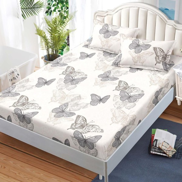 Cearșaf cu Elastic, Bumbac Satinat, 180x200 cm + 2 Fețe de Pernă 50x70 cm, Crem, fluturi [1]