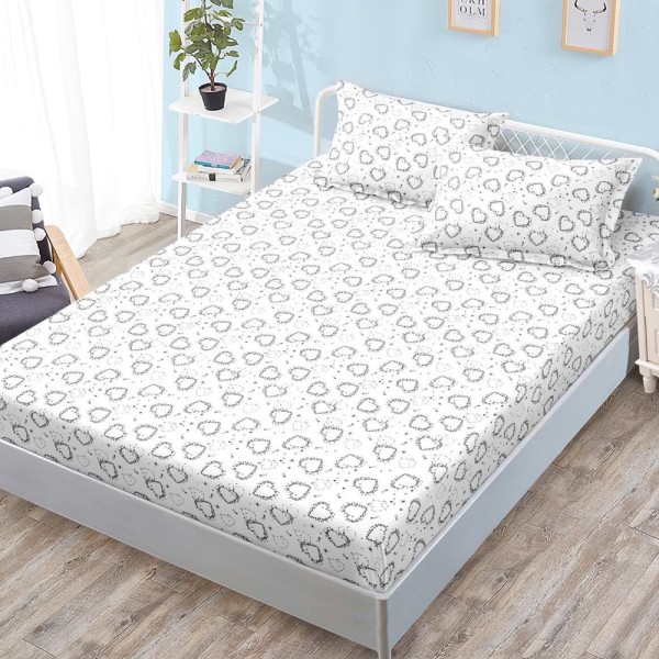 Cearșaf cu Elastic, Bumbac Satinat, 180x200 cm + 2 Fețe de Pernă 50x70 cm, Alb, inimioare [1]