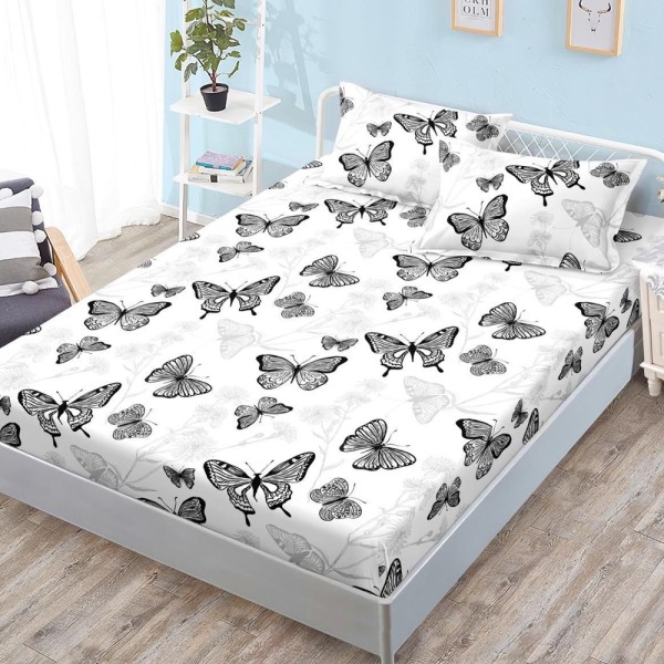 Cearșaf cu Elastic, Bumbac Satinat, 180x200 cm + 2 Fețe de Pernă 50x70 cm, Alb, fluturi [1]