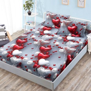 Cearșaf cu Elastic, Bumbac Satinat, 180x200 cm + 2 Fețe de Pernă 50x70 cm, Gri, inimioare Cearșaf cu Elastic, Bumbac Satinat, 180x200 cm + 2 Fețe de Pernă 50x70 cm, Gri, inimioare