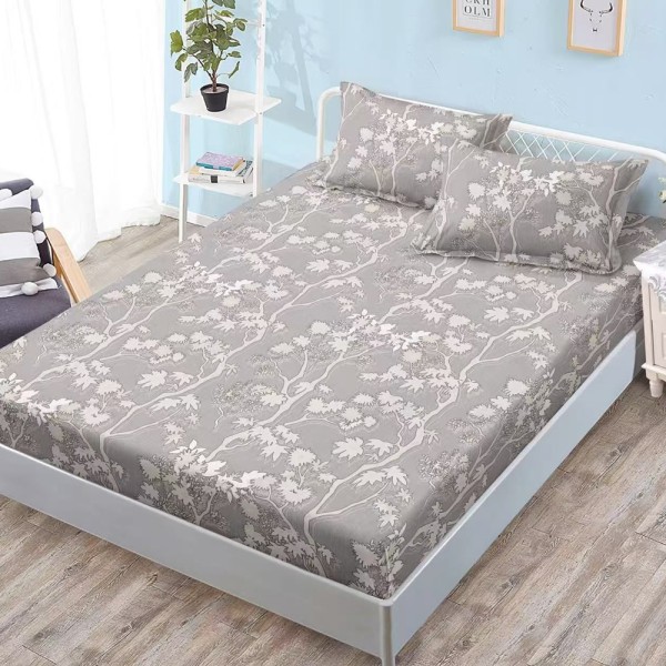 Cearșaf cu Elastic, Bumbac Satinat, 180x200 cm + 2 Fețe de Pernă 50x70 cm, Gri, crengute [1]