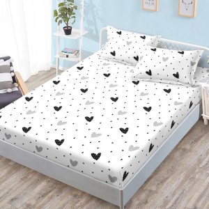 Cearșaf cu Elastic, Bumbac Satinat, 180x200 cm + 2 Fețe de Pernă 50x70 cm, Alb, inimioare