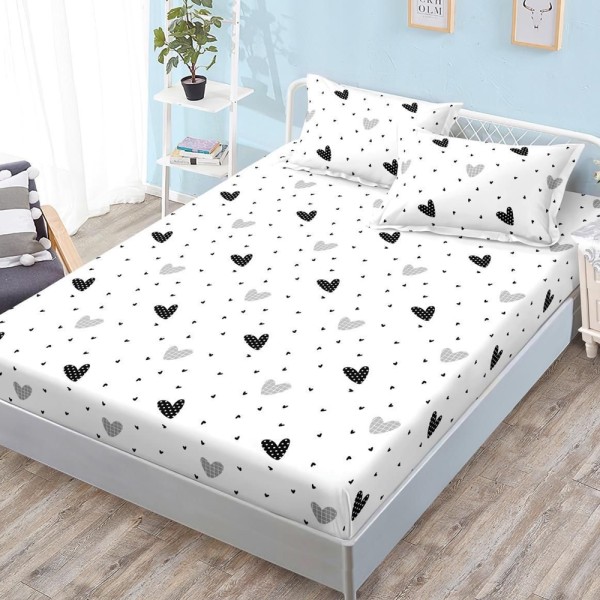 Cearșaf cu Elastic, Bumbac Satinat, 180x200 cm + 2 Fețe de Pernă 50x70 cm, Alb, inimioare [1]