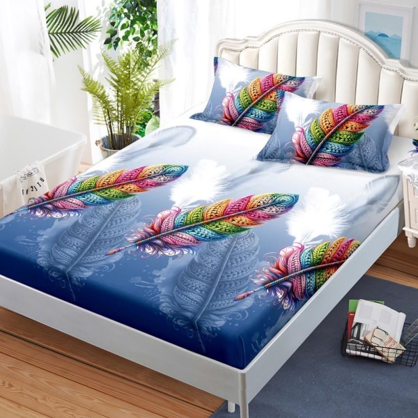 Cearșaf cu Elastic, Bumbac Satinat, 180x200 cm + 2 Fețe de Pernă 50x70 cm, Albastru, pene colorate [1]