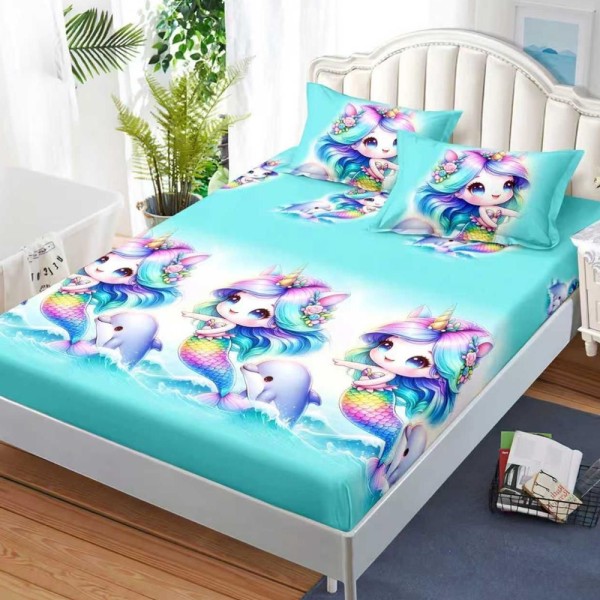 Cearșaf cu Elastic, Bumbac Satinat, 180x200 cm + 2 Fețe de Pernă 50x70 cm, Albastru, sirene si delfini [1]