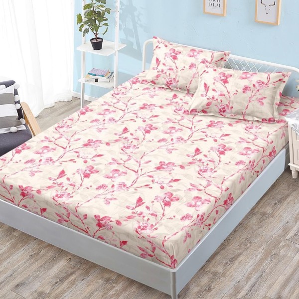 Cearșaf cu Elastic, Bumbac Satinat, 180x200 cm + 2 Fețe de Pernă 50x70 cm, Crem, floricele [1]