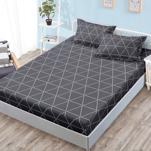 Cearșaf cu Elastic, Bumbac Satinat, 180x200 cm + 2 Fețe de Pernă 50x70 cm, Gri, triunghiuri [1]