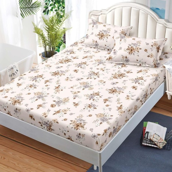 Cearșaf cu Elastic, Bumbac Satinat, 180x200 cm + 2 Fețe de Pernă 50x70 cm, Crem, flori [1]