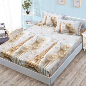 Cearșaf cu Elastic, Bumbac Satinat, 180x200 cm + 2 Fețe de Pernă 50x70 cm, Gri, Crem, Paris Turnul Eiffel