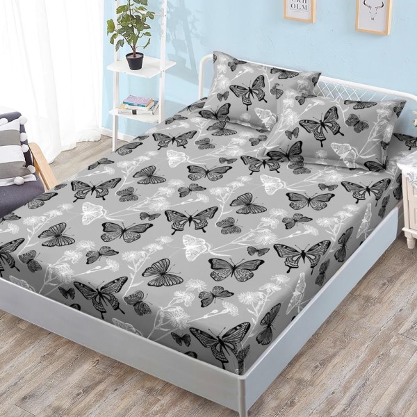 Cearșaf cu Elastic, Bumbac Satinat, 180x200 cm + 2 Fețe de Pernă 50x70 cm, Gri, fluturi [1]