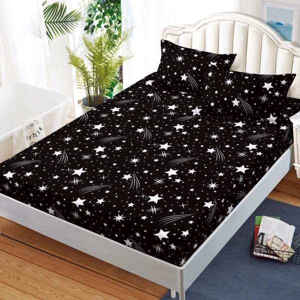 Cearșaf cu Elastic, Bumbac Satinat, 160x200 cm + 2 Fețe de Pernă 50x70 cm, Negru, ploaie de stele [1]
