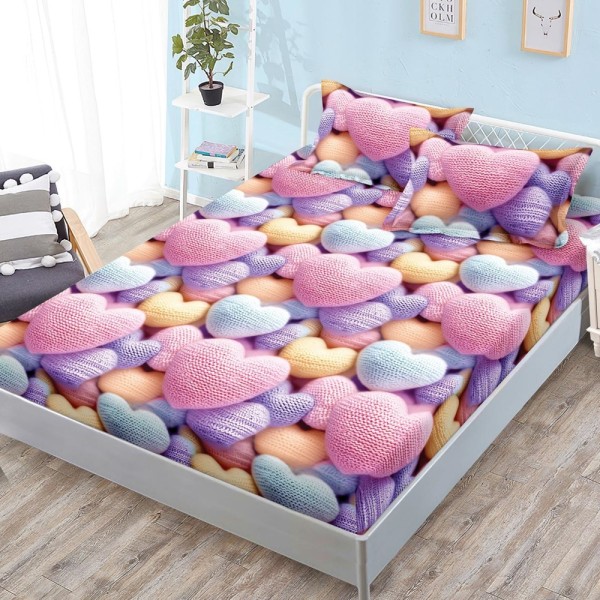 Cearșaf cu Elastic, Bumbac Satinat, 160x200 cm + 2 Fețe de Pernă 50x70 cm, Roz, inimioare [1]