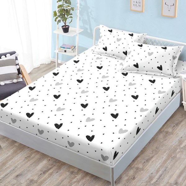 Cearșaf cu Elastic, Bumbac Satinat, 160x200 cm + 2 Fețe de Pernă 50x70 cm, Alb, inimioare [1]
