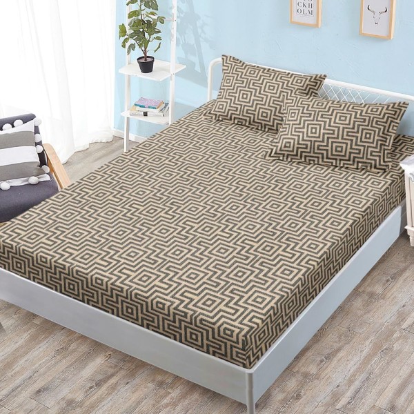 Cearșaf cu Elastic, Bumbac Satinat, 160x200 cm + 2 Fețe de Pernă 50x70 cm, Bej, abstract [1]