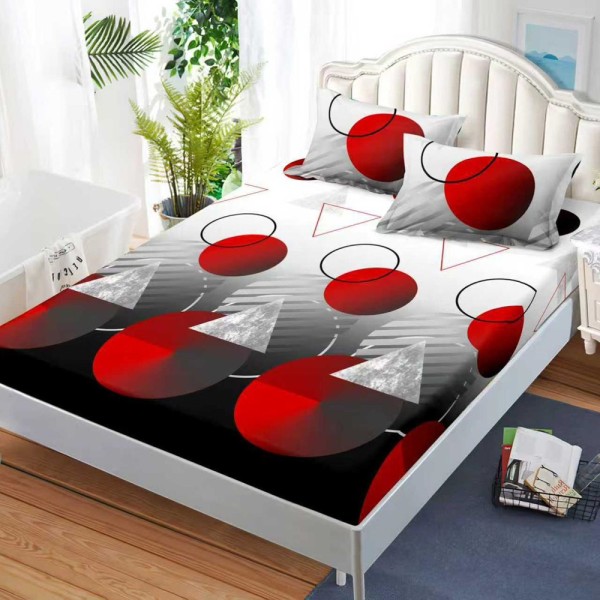 Cearșaf cu Elastic, Bumbac Satinat, 160x200 cm + 2 Fețe de Pernă 50x70 cm, Negru, Rosu, Alb, abstract [1]