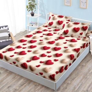 Cearșaf cu Elastic, Bumbac Satinat, 160x200 cm + 2 Fețe de Pernă 50x70 cm, Bej, inimioare Cearșaf cu Elastic, Bumbac Satinat, 160x200 cm + 2 Fețe de Pernă 50x70 cm, Bej, inimioare