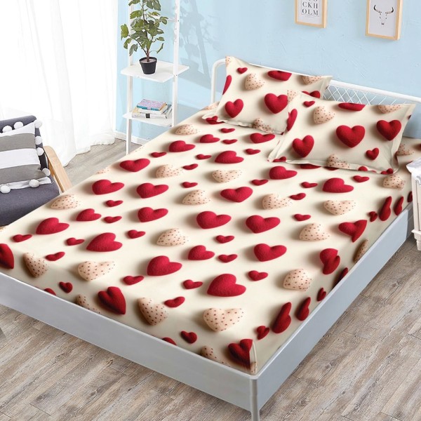 Cearșaf cu Elastic, Bumbac Satinat, 160x200 cm + 2 Fețe de Pernă 50x70 cm, Bej, inimioare [1]