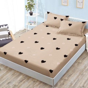 Cearșaf cu Elastic, Bumbac Satinat, 160x200 cm + 2 Fețe de Pernă 50x70 cm, Bej, inimioare Cearșaf cu Elastic, Bumbac Satinat, 160x200 cm + 2 Fețe de Pernă 50x70 cm, Bej, inimioare