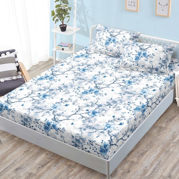 Cearșaf cu Elastic, Bumbac Satinat, 160x200 cm + 2 Fețe de Pernă 50x70 cm, Alb, Albastru, floricele [1]