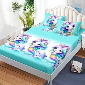 Cearșaf cu Elastic, Bumbac Satinat, 160x200 cm + 2 Fețe de Pernă 50x70 cm, Bleu, sirene, delfini Cearșaf cu Elastic, Bumbac Satinat, 160x200 cm + 2 Fețe de Pernă 50x70 cm, Bleu, sirene, delfini