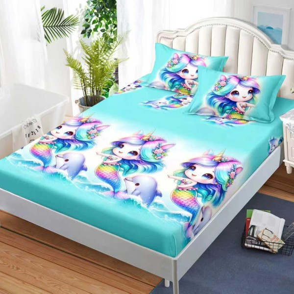 Cearșaf cu Elastic, Bumbac Satinat, 160x200 cm + 2 Fețe de Pernă 50x70 cm, Bleu, sirene, delfini [1]