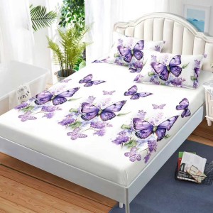 Cearșaf cu Elastic, Bumbac Satinat, 160x200 cm + 2 Fețe de Pernă 50x70 cm, Alb, fluturi mov Cearșaf cu Elastic, Bumbac Satinat, 160x200 cm + 2 Fețe de Pernă 50x70 cm, Alb, fluturi mov