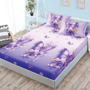 Cearșaf cu Elastic, Bumbac Satinat, 160x200 cm + 2 Fețe de Pernă 50x70 cm, Mov, fluturi Cearșaf cu Elastic, Bumbac Satinat, 160x200 cm + 2 Fețe de Pernă 50x70 cm, Mov, fluturi