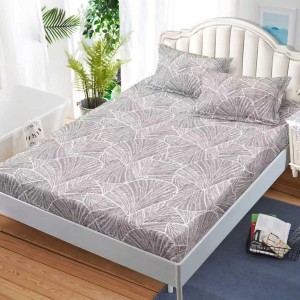 Cearșaf cu Elastic, Bumbac Satinat, 160x200 cm + 2 Fețe de Pernă 50x70 cm, Bej, frunze Cearșaf cu Elastic, Bumbac Satinat, 160x200 cm + 2 Fețe de Pernă 50x70 cm, Bej, frunze