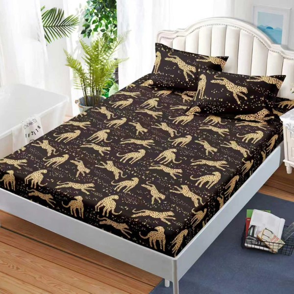 Cearșaf cu Elastic, Bumbac Satinat, 160x200 cm + 2 Fețe de Pernă 50x70 cm, Negru, leoparzi [1]