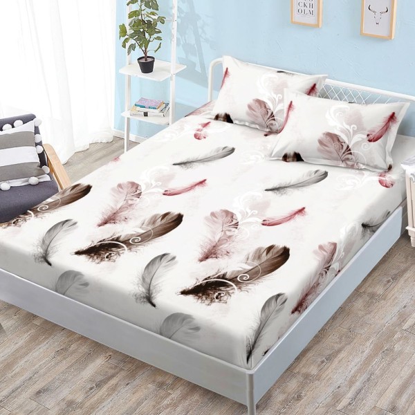 Cearșaf cu Elastic, Bumbac Satinat, 160x200 cm + 2 Fețe de Pernă 50x70 cm, Alb, pene [1]