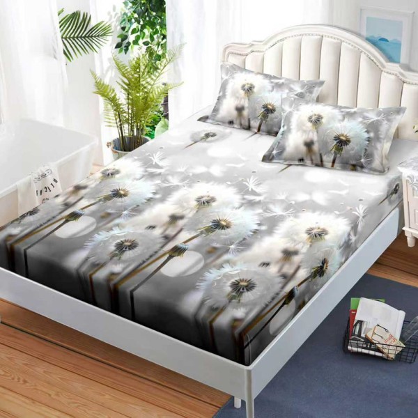 Cearșaf cu Elastic, Bumbac Satinat, 160x200 cm + 2 Fețe de Pernă 50x70 cm, Gri, papadii [1]