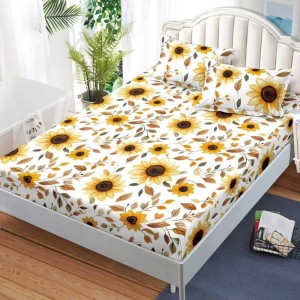 Cearșaf cu Elastic, Bumbac Satinat, 160x200 cm + 2 Fețe de Pernă 50x70 cm, Alb, floarea soarelui Cearșaf cu Elastic, Bumbac Satinat, 160x200 cm + 2 Fețe de Pernă 50x70 cm, Alb, floarea soarelui