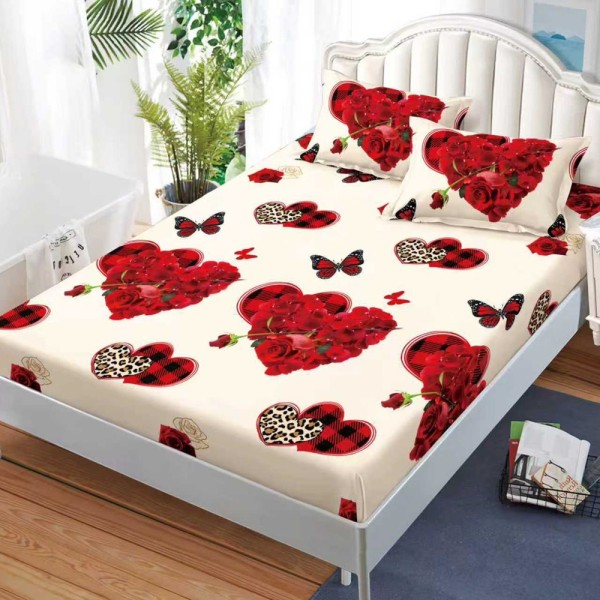 Cearșaf cu Elastic, Bumbac Satinat, 160x200 cm + 2 Fețe de Pernă 50x70 cm, Alb, inimi trandafiri [1]