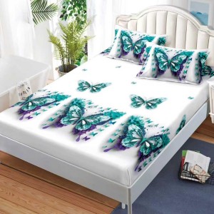 Cearșaf cu Elastic, Bumbac Satinat, 160x200 cm + 2 Fețe de Pernă 50x70 cm, Alb, fluturi turcuaz Cearșaf cu Elastic, Bumbac Satinat, 160x200 cm + 2 Fețe de Pernă 50x70 cm, Alb, fluturi turcuaz