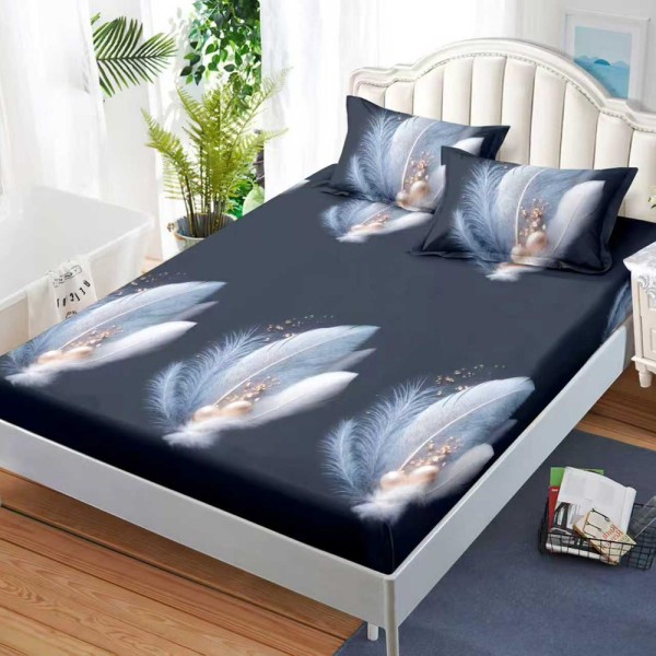 Cearșaf cu Elastic, Bumbac Satinat, 160x200 cm + 2 Fețe de Pernă 50x70 cm, Albastru petrol, pene [1]