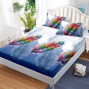 Cearșaf cu Elastic, Bumbac Satinat, 160x200 cm + 2 Fețe de Pernă 50x70 cm, Albastru, pene colorate Cearșaf cu Elastic, Bumbac Satinat, 160x200 cm + 2 Fețe de Pernă 50x70 cm, Albastru, pene colorate