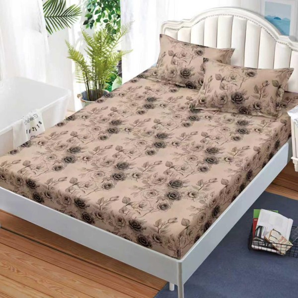 Cearșaf cu Elastic, Bumbac Satinat, 160x200 cm + 2 Fețe de Pernă 50x70 cm, Maro, trandafiri [1]