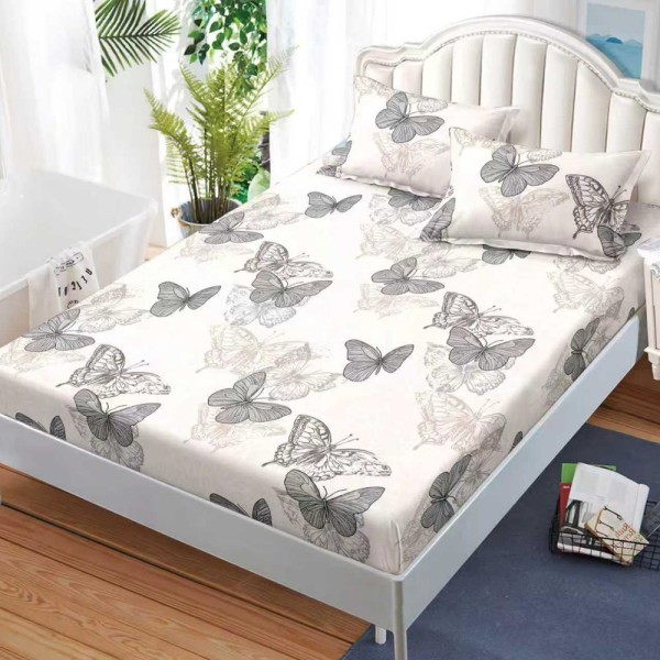 Cearșaf cu Elastic, Bumbac Satinat, 160x200 cm + 2 Fețe de Pernă 50x70 cm, Crem, fluturi [1]