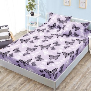 Cearșaf cu Elastic, Bumbac Satinat, 160x200 cm + 2 Fețe de Pernă 50x70 cm, Lila, fluturi Cearșaf cu Elastic, Bumbac Satinat, 160x200 cm + 2 Fețe de Pernă 50x70 cm, Lila, fluturi