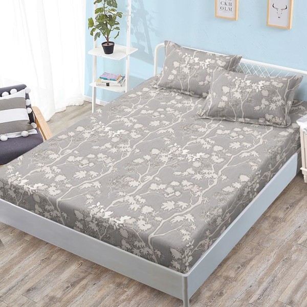 Cearșaf cu Elastic, Bumbac Satinat, 160x200 cm + 2 Fețe de Pernă 50x70 cm, Bej, crengute copaci [1]