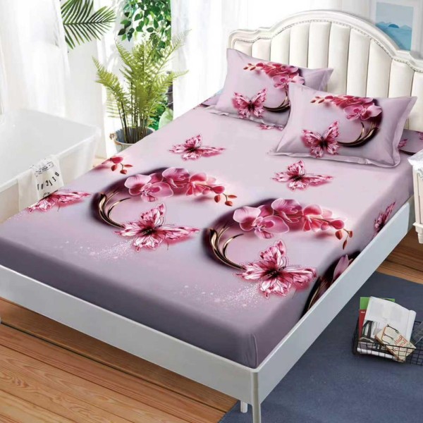 Cearșaf cu Elastic, Bumbac Satinat, 160x200 cm + 2 Fețe de Pernă 50x70 cm, Mov, fluturi [1]