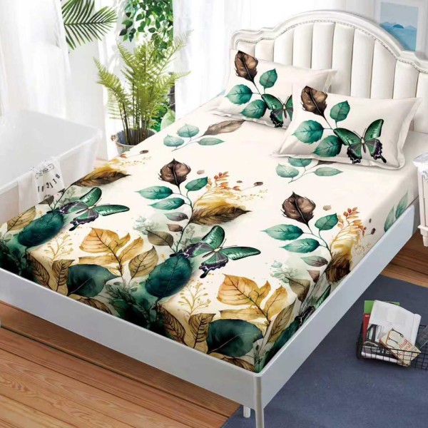 Cearșaf cu Elastic, Bumbac Satinat, 160x200 cm + 2 Fețe de Pernă 50x70 cm, Crem, frunze toamna [1]