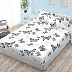 Cearșaf cu Elastic, 160x200 cm + 2 Fețe de Pernă 50x70 cm, Alb, fluturi Cearșaf cu Elastic, 160x200 cm + 2 Fețe de Pernă 50x70 cm, Alb, fluturi
