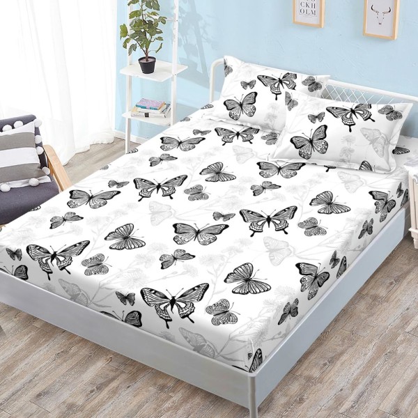 Cearșaf cu Elastic, Bumbac Satinat, 160x200 cm + 2 Fețe de Pernă 50x70 cm, Alb, fluturi [1]