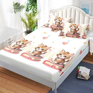 Cearșaf cu Elastic, Bumbac Satinat, 160x200 cm + 2 Fețe de Pernă 50x70 cm, Alb, pisicute Cearșaf cu Elastic, Bumbac Satinat, 160x200 cm + 2 Fețe de Pernă 50x70 cm, Alb, pisicute