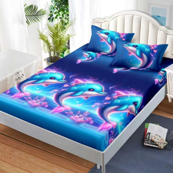 Cearșaf cu Elastic, Bumbac Satinat, 160x200 cm + 2 Fețe de Pernă 50x70 cm, Albastru, delfini [1]