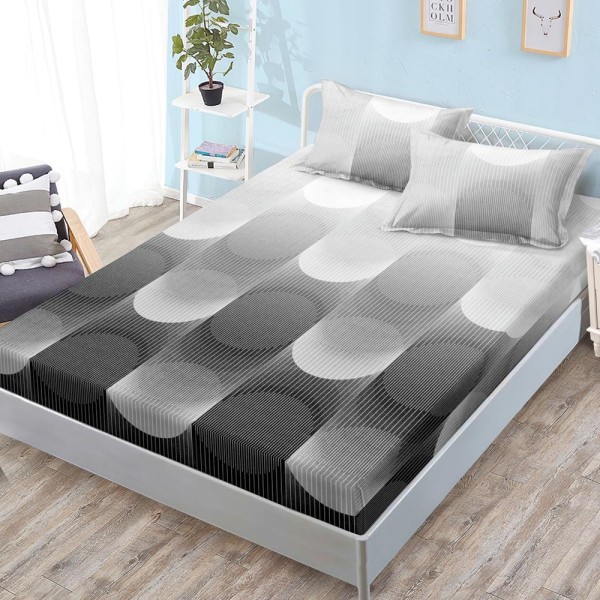 Cearșaf cu Elastic, Bumbac Satinat, 160x200 cm + 2 Fețe de Pernă 50x70 cm, Gri, abstract [1]