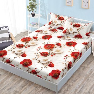 Cearșaf cu Elastic, Bumbac Satinat, 160x200 cm + 2 Fețe de Pernă 50x70 cm, Crem, flori Cearșaf cu Elastic, Bumbac Satinat, 160x200 cm + 2 Fețe de Pernă 50x70 cm, Crem, flori