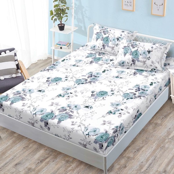 Cearșaf cu Elastic, Bumbac Satinat, 160x200 cm + 2 Fețe de Pernă 50x70 cm, Alb, floricele albastre [1]